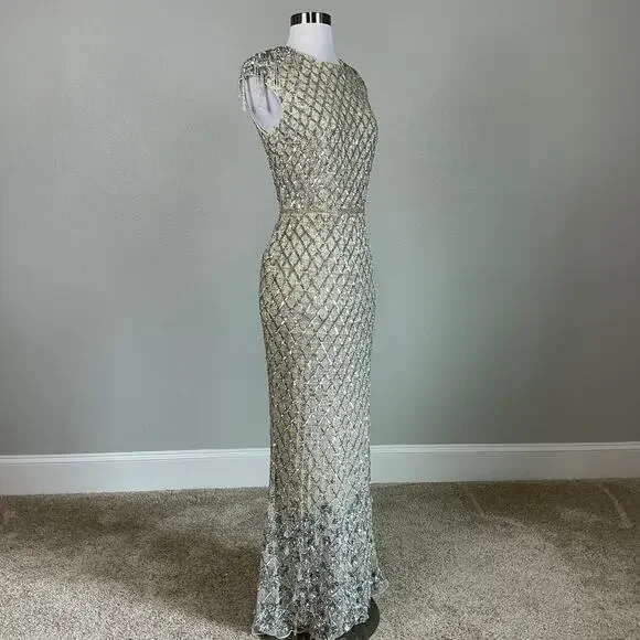 Mac Duggal Crystal Fringed Sequined Column Gown Silver and Gold Size 6 Dress - Picture 3 of 12